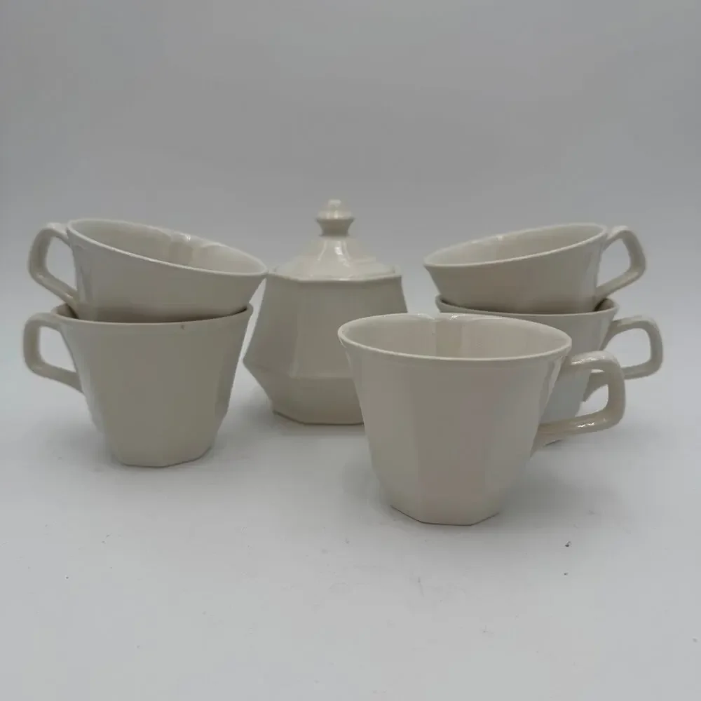 Vintage Sugar Bowl and 5 Coffee Cups Colonial White by Homer Laughlin 7 pcs